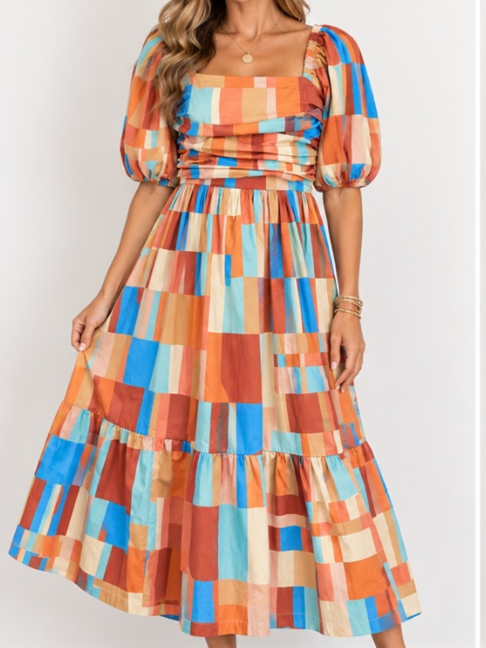 Peach Love Ruched Puff Sleeve Midi Dress Boho Multi Print Copper Turquoise